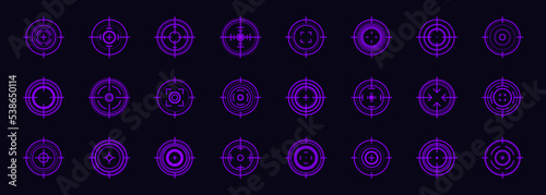 Target aim icon set. Crosshair or sight icons. Aiming to bullseye signs. Sniper aim and scope. HUD technology aiming. Focus sign in circle. Vector illustration.