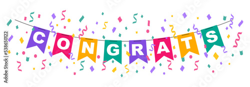 Congrats banner. Congratulation with colored bunting flags and confetti. Greeting card for congrats. Vector Illustration.