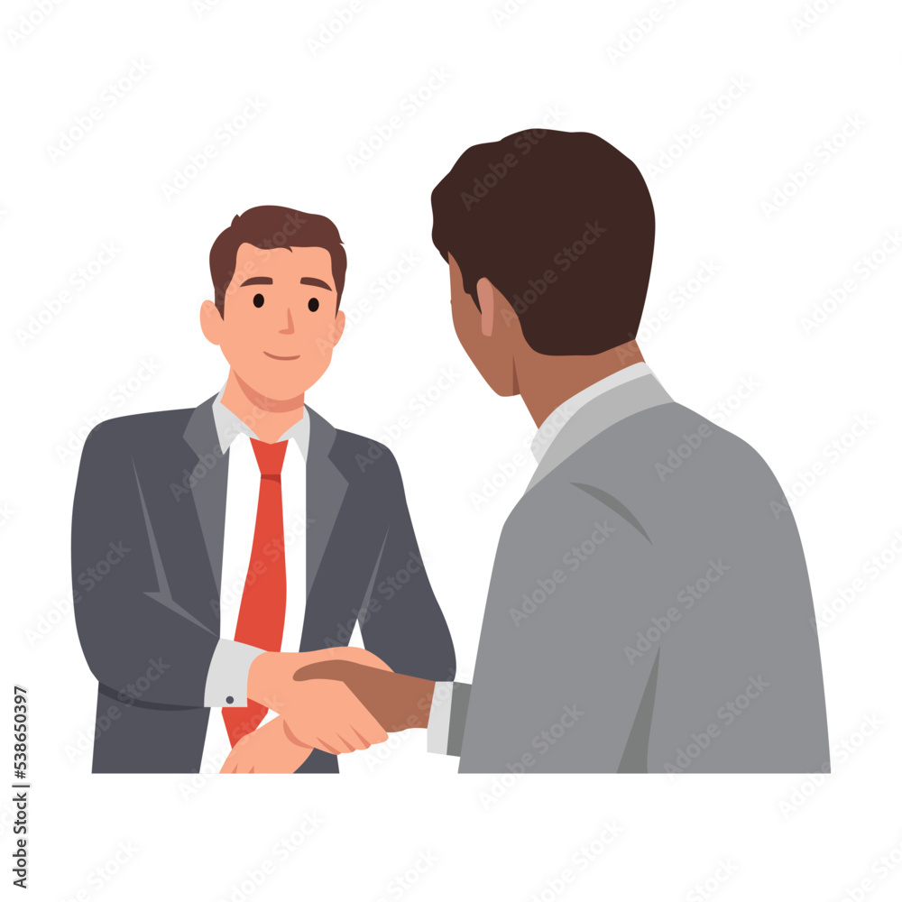 Two international business man Caucasian and Black shaking hands. Businessmen first meeting greeting with firm handshake. Flat vector illustration isolated on white background Two international business man Caucasian and Black shaking hands. Businessmen first meeting greeting with firm handshake. Flat vector illustration isolated on white background