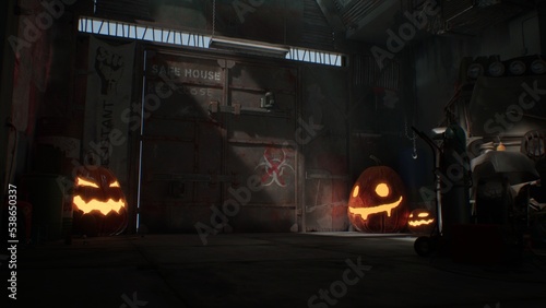 Halloween Pumpkins in epic scene. showcase proudact Background. 3D render (ID: 538650337)