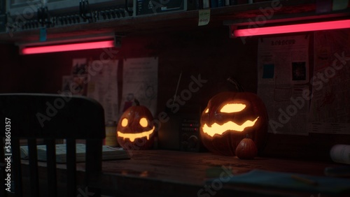Halloween Pumpkins in epic scene. showcase proudact Background. 3D render (ID: 538650357)