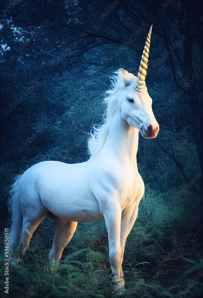 Beautiful white unicorn in the enchanted forest in the evening