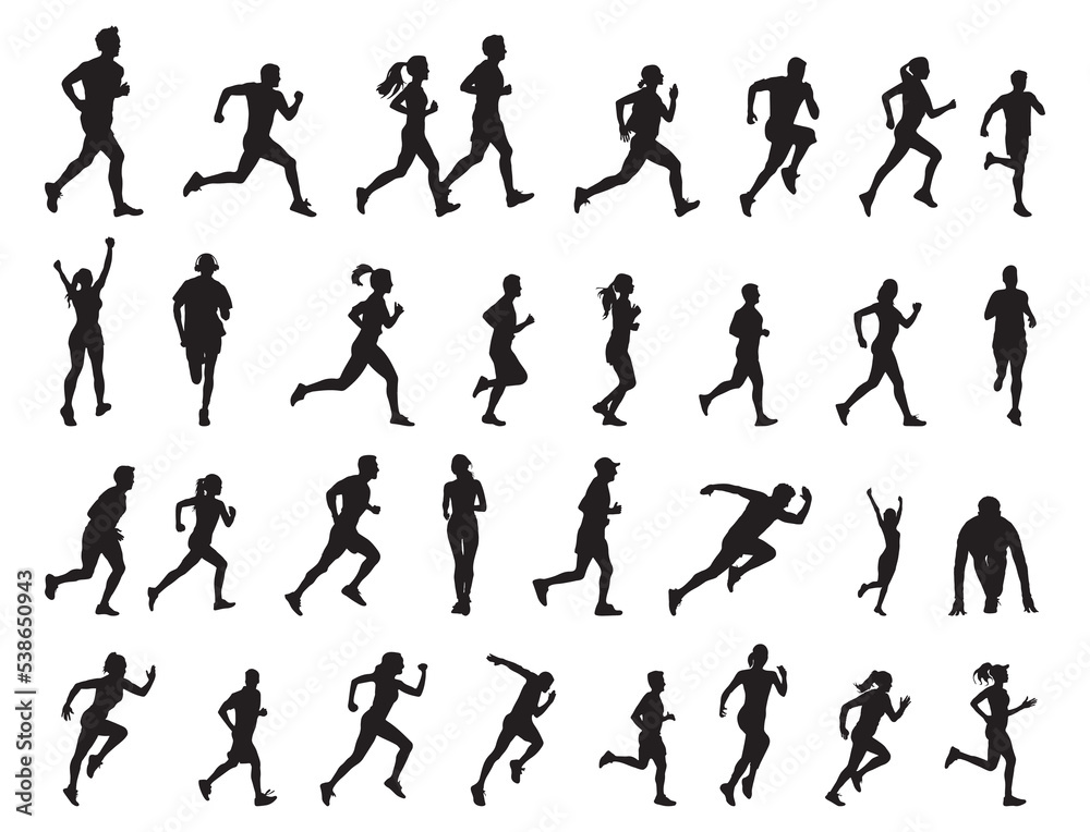 Running people silhouettes collection, Running man and woman silhouettes