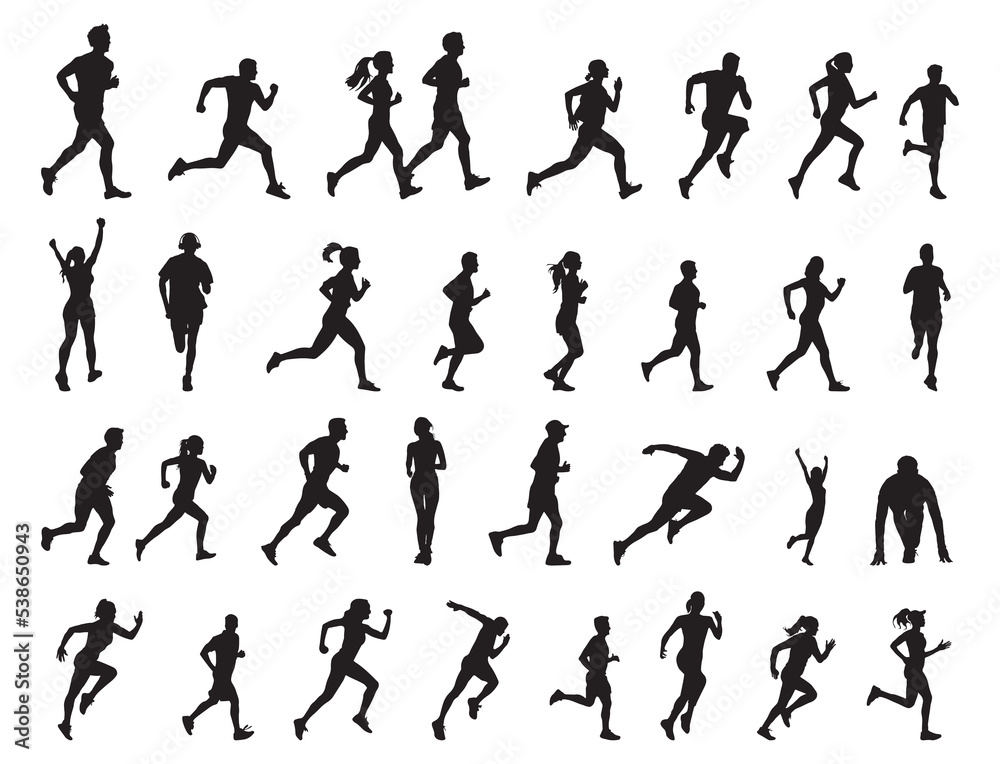 Running people silhouettes collection, Running man and woman silhouettes Running people silhouettes collection, Running man and woman silhouettes