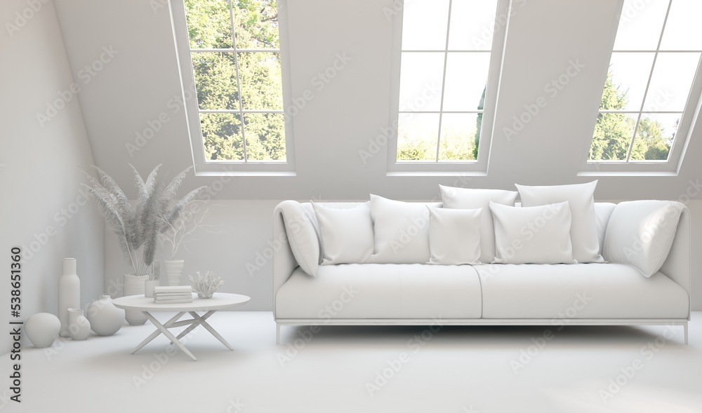 Fototapeta premium White living room with sofa and summer landscape in window. Scandinavian interior design. 3D illustration