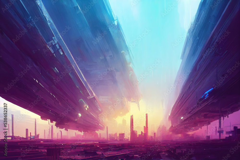 colorful sci fi city illustration, concept art Stock Illustration ...