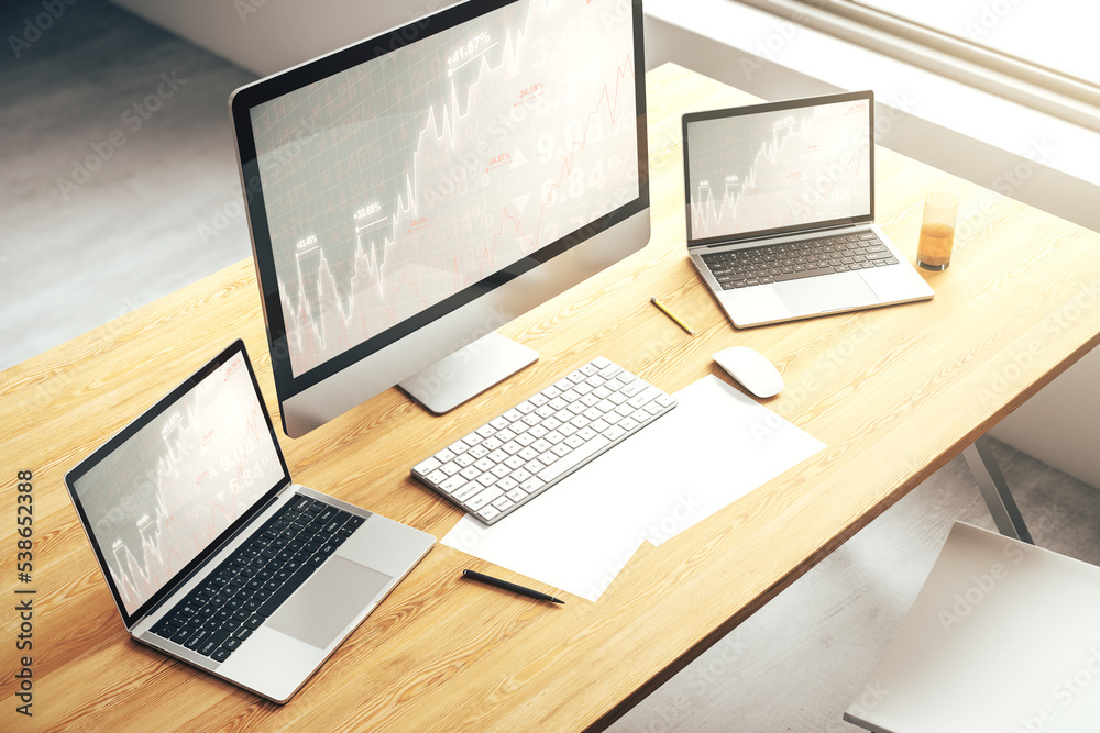 Abstract creative financial graph on modern laptop monitor, forex and investment concept. 3D Rendering Abstract creative financial graph on modern laptop monitor, forex and investment concept. 3D Rendering