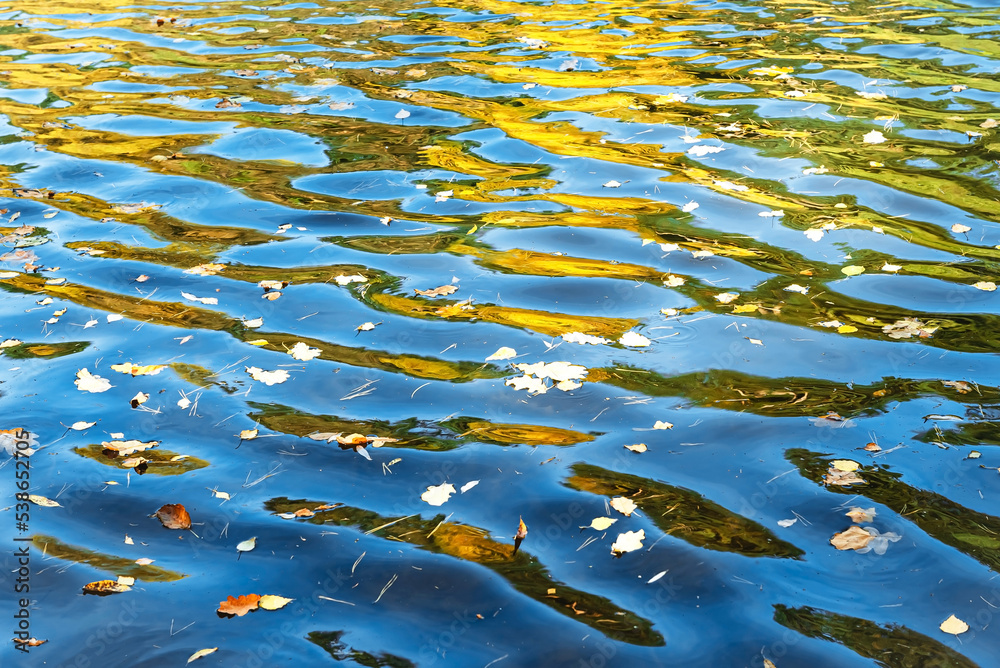 Waves on a river or lake in autumn. Lake with autumn foliage on the surface. Water Waves on a river or lake in autumn. Lake with autumn foliage on the surface. Water