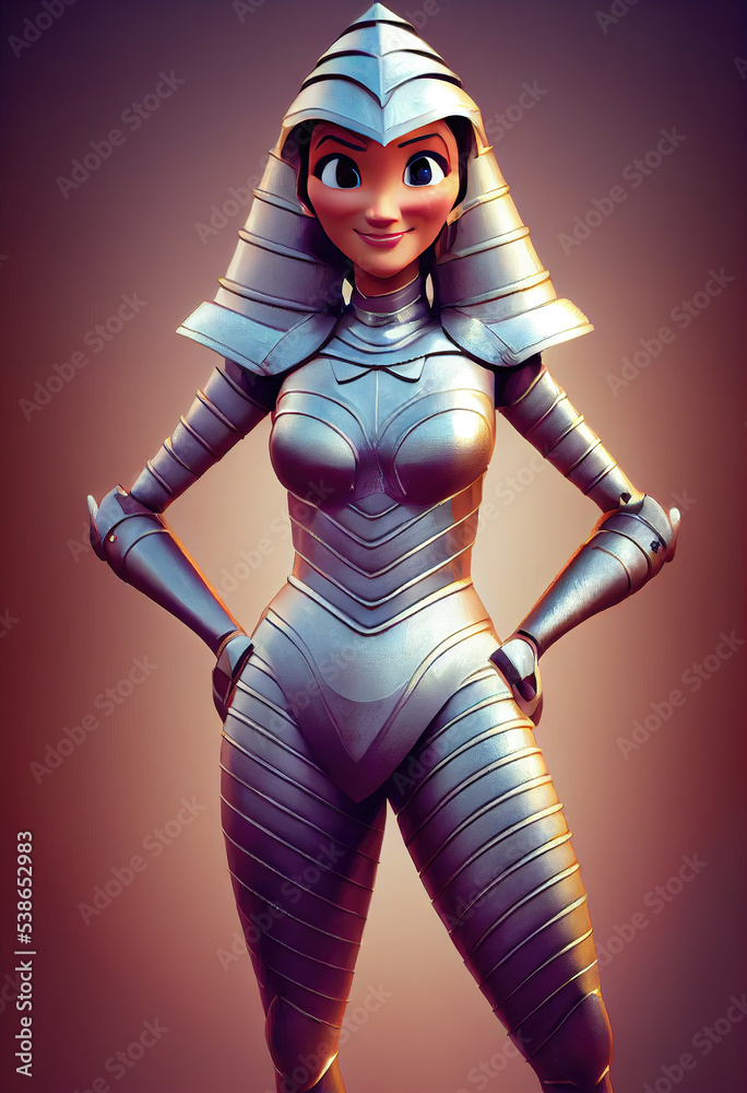 egyptian young armored woman, animation style full of armor, 3d illustration