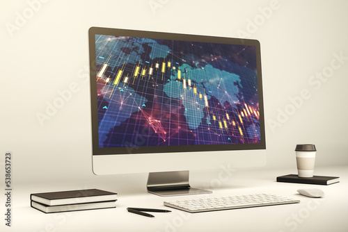 Abstract creative financial diagram with world map on modern computer monitor, banking and accounting concept. 3D Rendering