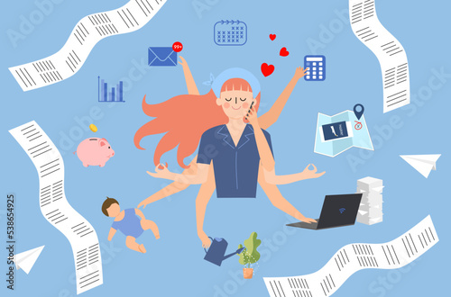 Overwhelm office tasks for business person, stress business woman from overwhelm works, concentrate office woman vector, busy business woman vector, work life balance vector, lifestyle of businessman.