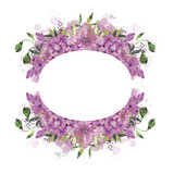 Round floral frame of different kinds of field grasses, splashes of paint, spring. Watercolor botanical background, perfect for cards, banners, textiles, invitation cards and wedding invitations