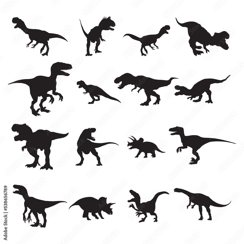 Fototapeta premium Dinosaur silhouettes set, Black dinosaur silhouette collection.