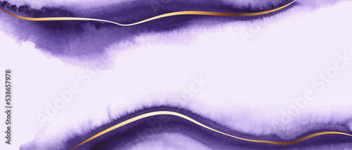 Elagant, chic horizontal background. Violet, lilac watercolor texture. Golden lines. Design for card, invitation, flyer, cover.