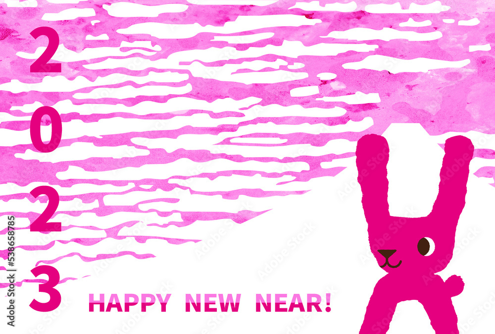 2023年の年賀状：浮世絵風の雲と墨調でピンクの空と富士山とかわいいピンクのウサギ 1