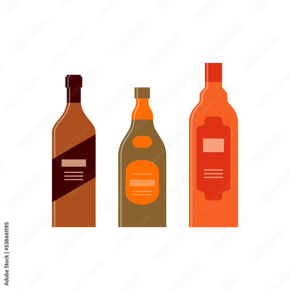 Set bottles of brandy whiskey rum. Icon bottle with cap and label. Great design for any purposes. Flat style. Color form. Party drink concept. Simple image shape Set bottles of brandy whiskey rum. Icon bottle with cap and label. Great design for any purposes. Flat style. Color form. Party drink concept. Simple image shape