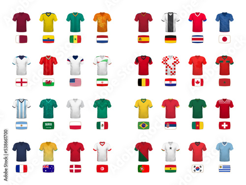 World football 2022 t-shirts, kits, jersey and flags collection. Group stage tournament with national flags and shirts of soccer teams.