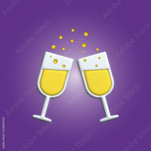 Realistic 3D Material champagne Golden Glass Icon isolated on purple background. Illustration