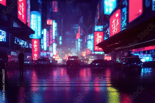Illustration of a Cyber Tokyo neon street. A rainy nigh. 3D render. Raster illustration.