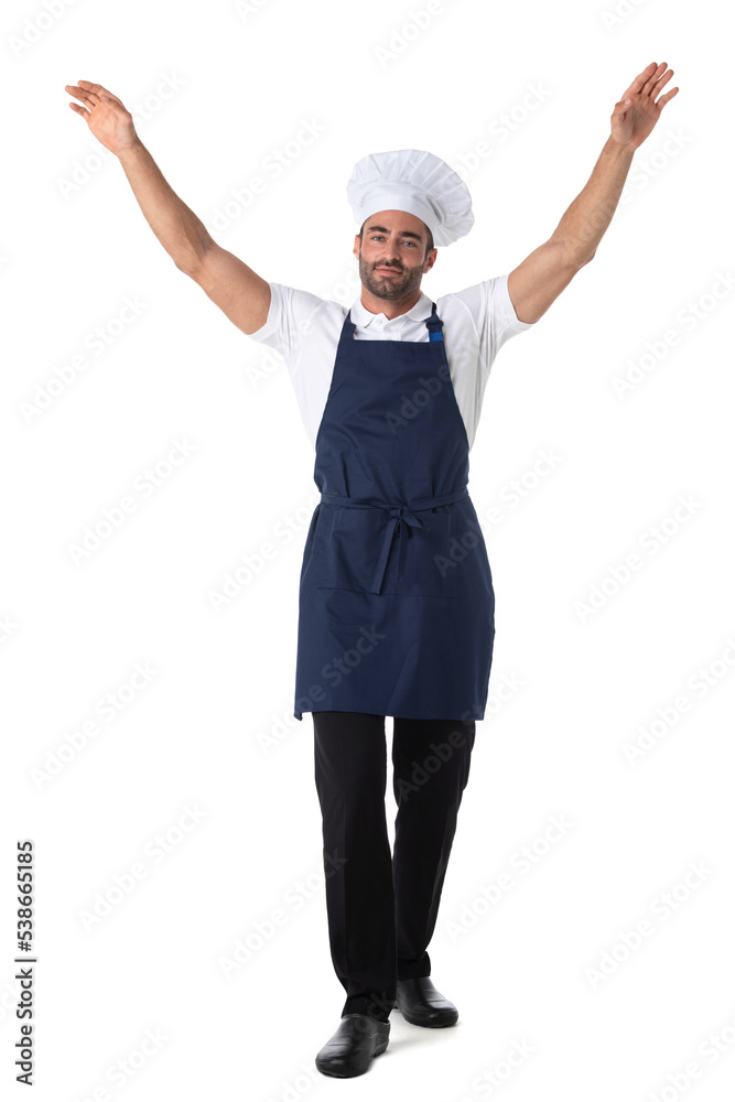 Happy cook in uniform raising arms Happy cook in uniform raising arms