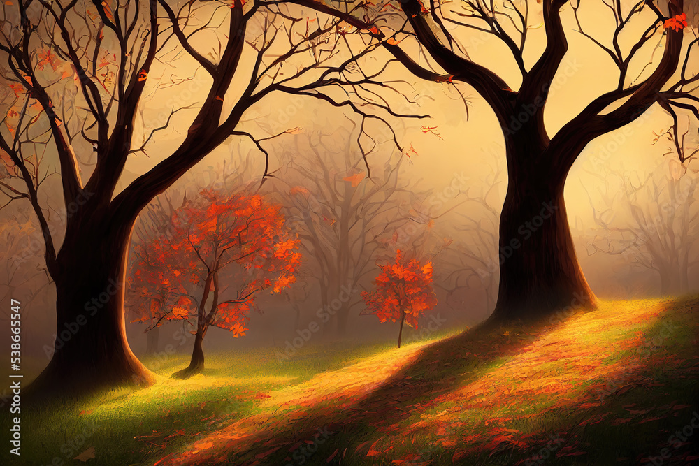 autumn forest scene at sunrise, cartoon art