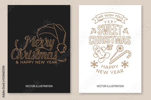 I wish you a very sweet Christmas and Happy New Year flyer, brochure, banner, poster with snowflakes, christmas candy, cookie. Vector. Line art design for xmas, new year emblem in retro style.