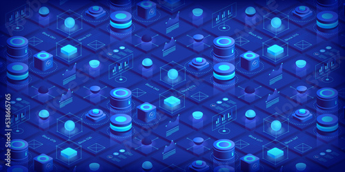 Abstract technology background. Blockchain concept banner. Isometric digital blocks connection with each other crypto chain. Blocks and cubes engineering innovations design. Vector illustration