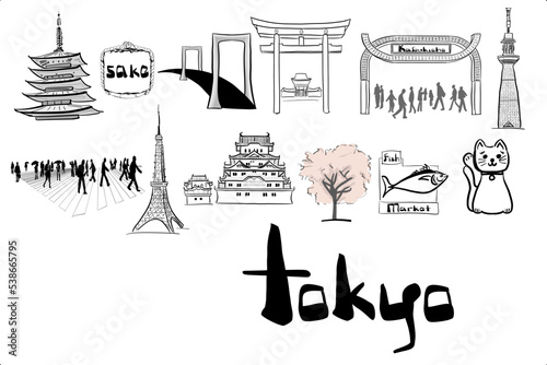 Cute small drawings of famous landmarks in the beautiful city of Tokyo, Japan. Hand drawn vector illustration. City name included.