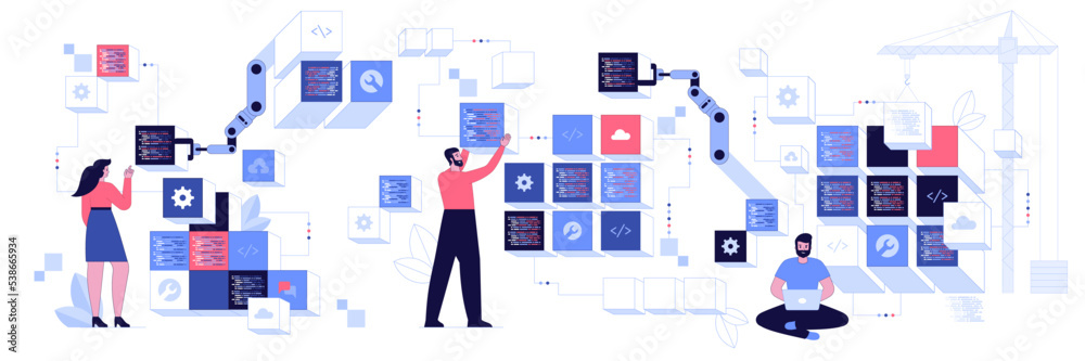 People characters developing software program and mobile app. Developers programming and writing program code. Programming and engineering development process concept. Vector illustration People characters developing software program and mobile app. Developers programming and writing program code. Programming and engineering development process concept. Vector illustration