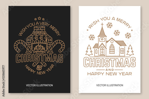 Wish you a very Merry Christmas and Happy New Year Flyer, brochure, banner, poster line art typography design with fireplace, Christmas socks, christmas candy, Catholic Church. Vector. Line art design