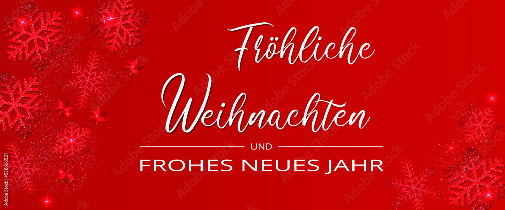 Karte oder Banner für frohe Weihnachten und ein glückliches neues Jahr in Weiß auf rotem Hintergrund mit Schneeflocken, Sternen und roten Pailletten auf jeder Seite Karte oder Banner für frohe Weihnachten und ein glückliches neues Jahr in Weiß auf rotem Hintergrund mit Schneeflocken, Sternen und roten Pailletten auf jeder Seite