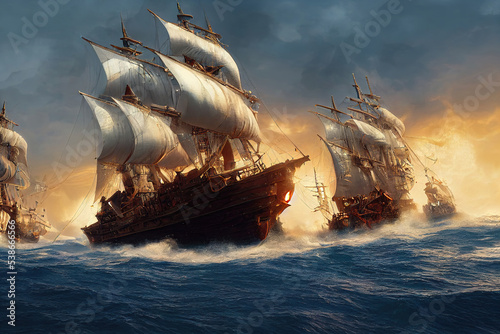 pirate ships fighting scene, water war scene concept art photo