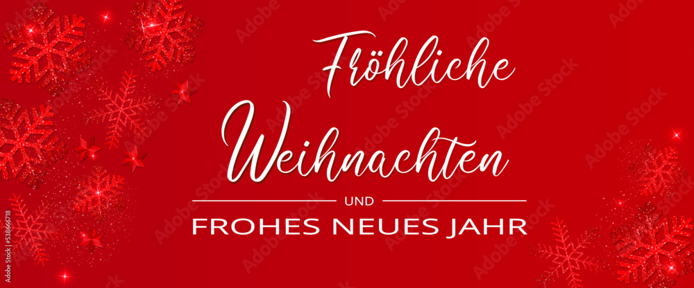 Karte oder Banner für frohe Weihnachten und ein glückliches neues Jahr in Weiß auf rotem Hintergrund mit Schneeflocken, Sternen und roten Pailletten auf jeder Seite Karte oder Banner für frohe Weihnachten und ein glückliches neues Jahr in Weiß auf rotem Hintergrund mit Schneeflocken, Sternen und roten Pailletten auf jeder Seite