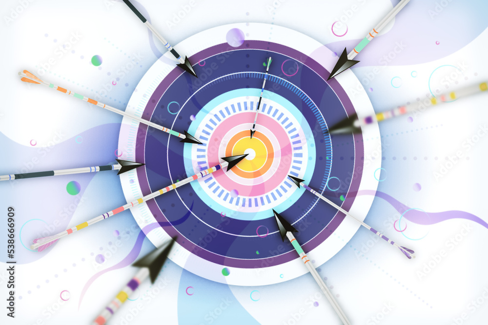 Business target, success and in concept with top view on arrows heading exactly the bulls eye on abstract light background. 3D rendering Business target, success and in concept with top view on arrows heading exactly the bulls eye on abstract light background. 3D rendering