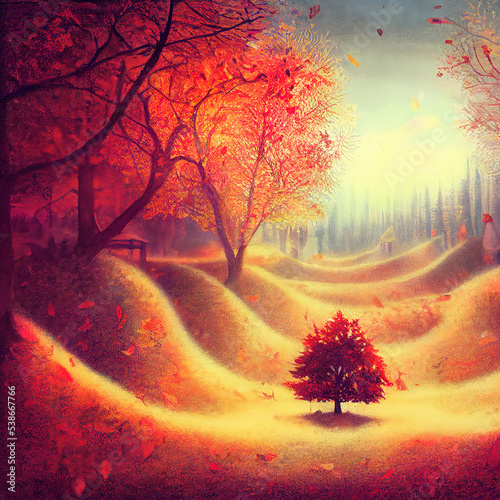a small tree standing alone at a shiny place, falling leaves at a beautiful place illustration © Sternfahrer