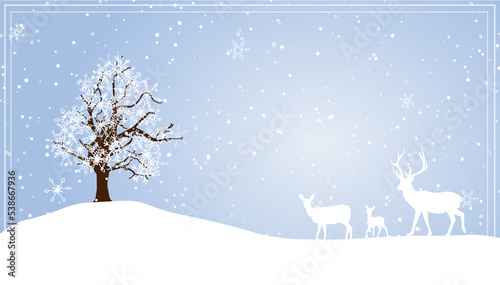 Winter landscape illustration. Abandoned tree in snowy nature, deer, fawn, hind, snowfall. Merry Christmas and Happy New Year card.