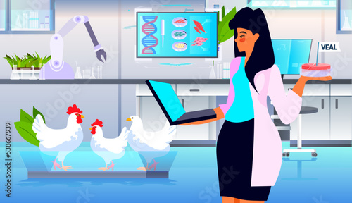 scientist analyzing cultured red raw veal made from animal cells artificial lab grown meat production concept