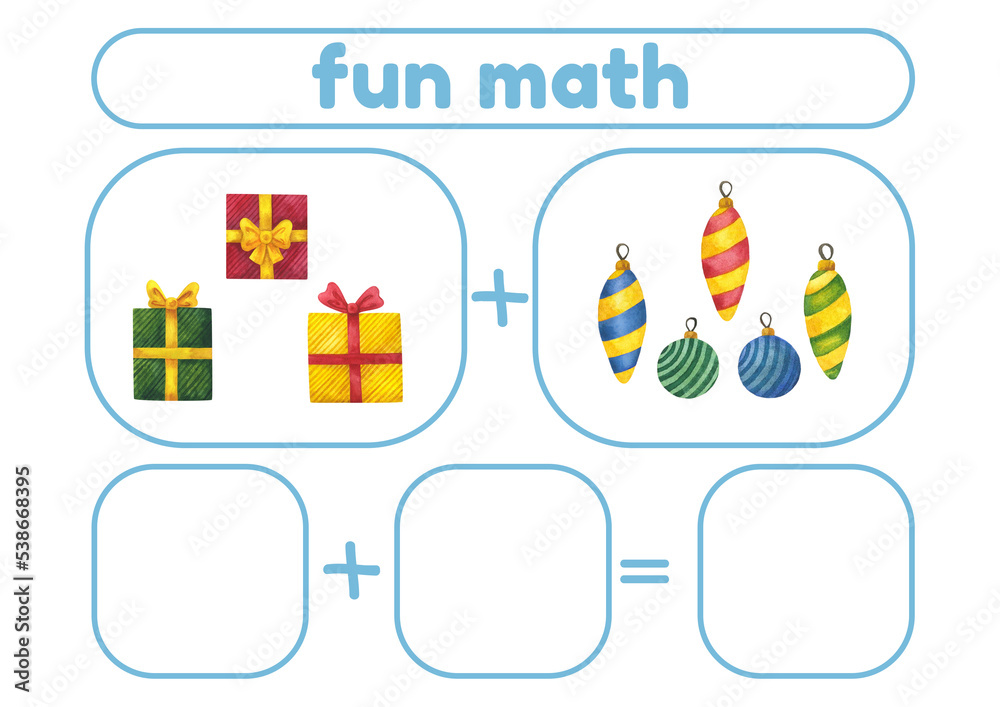 Christmas Activity page, sheet for kids. Arithmetic task with New Year's gifts. A game for teaching a child to count. An exercise for learning numbers. a mathematical example for a preschooler.