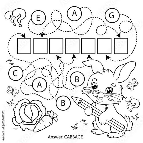 Maze or Labyrinth Game. Puzzle. Coloring Page Outline Of cartoon cute bunny or rabbit with carrot and cabbage. Coloring Book for kids.