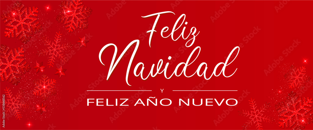 tarjeta o pancarta en una Feliz Navidad y un Feliz Año Nuevo en blanco sobre un fondo rojo con copos de nieve a cada lado, estrellas y lentejuelas rojas tarjeta o pancarta en una Feliz Navidad y un Feliz Año Nuevo en blanco sobre un fondo rojo con copos de nieve a cada lado, estrellas y lentejuelas rojas