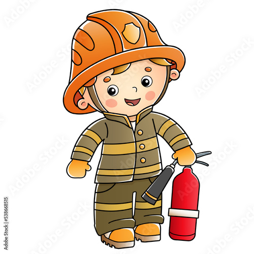 Cartoon fireman or firefighter with a fire extinguisher. Profession. Colorful vector illustration for kids.