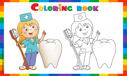 Coloring Page Outline Of dental doctor with toothbrush and tooth. Profession - dentist. Coloring book for kids.