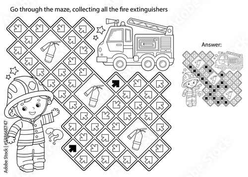 Maze or Labyrinth Game. Puzzle. Coloring Page Outline Of cartoon fireman or firefighter with  fire truck. Coloring book for kids.