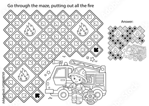 Maze or Labyrinth Game. Puzzle. Coloring Page Outline Of cartoon fireman or firefighter with fire truck. Fire fighting. Coloring book for kids.