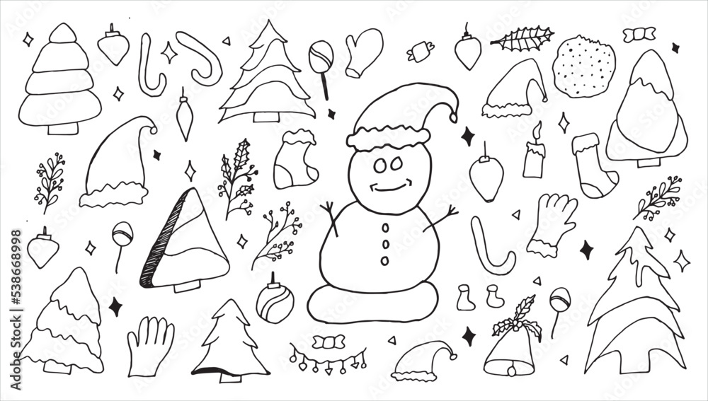 Christmas Hand-Drawn Doodle Graphics Elements Vector Can be Used in Xmas Holiday Decorations, invitations Card Design, t-shirts, baby clothes, bags, pillows, mugs, etc. Christmas Elements Set Bundle.