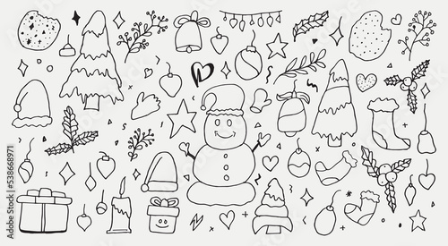 Christmas Hand-Drawn Doodle Graphics Elements Vector Can be Used in Xmas Holiday Decorations  invitations Card Design  t-shirts  baby clothes  bags  pillows  mugs  etc. Christmas Elements Set Bundle.