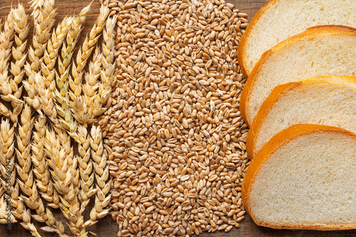 Ears, grain and finished bread. Stages of bread production