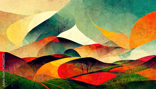 Colorful abstract mixed media grunge landscape background. Modern nature design. 3D illustration.