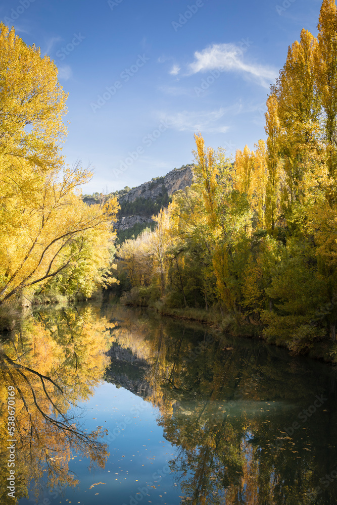 
The Jucar river in autumn in Cuenca, Castilla La Mancha in Spain. Autumn landscape with trees full of yellow leaves