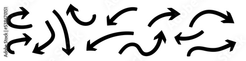 Set of hand draw curved arrows, Vector elegant pointers.